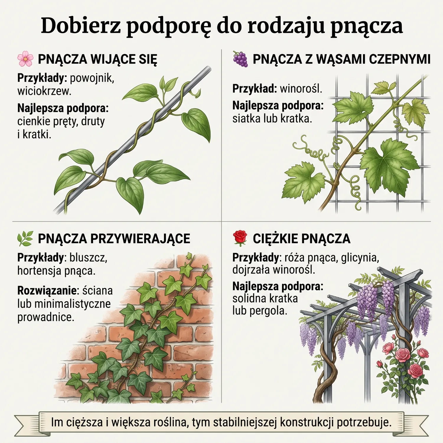 Ilustracja pokazująca dopasowanie podpory do sposobu wzrostu pnącza, na przykład: pręty dla powojnika, siatka dla winorośli, pergola dla wisterii.